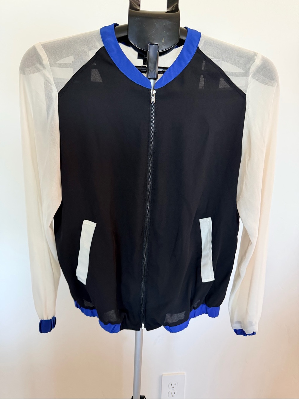 Massimo Black Bomber Jacket with White Sleeves and Blue Trim